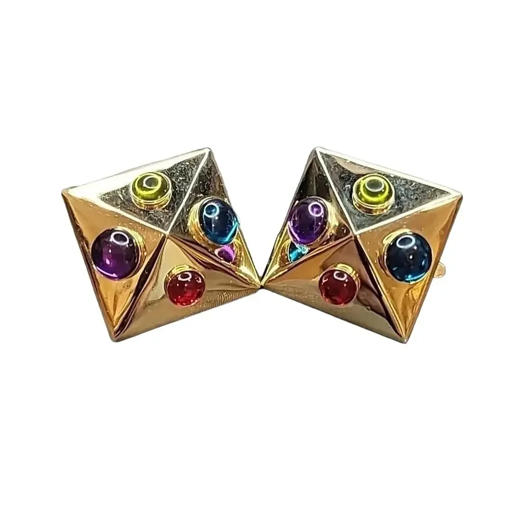 Trifari TM Vintage 80s Cabochon Gripoix Pyramid Clip-On Earrings Multicolor RARE - Picture 2 of 5